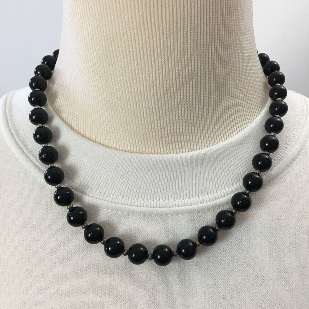 Vintage Early Plastic Opaque Black Round Beads 19in Beaded Choker Necklace Retro